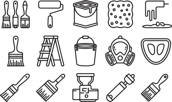 Collection of various painting and construction tools icons isolated on transparent background