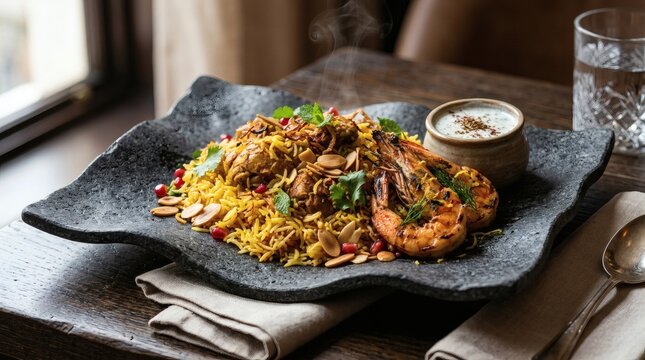 Steaming biryani rice dish with grilled prawns and chicken, garnished with almonds pomegranate seeds and mint, served with raita.