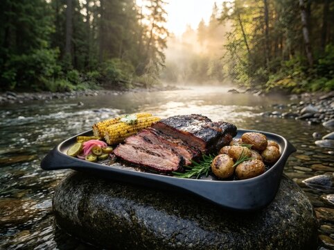 Slices of smoked beef brisket with grilled corn on cob roasted potatoes and pickles served on black stone platter placed on river rock in scenic mountain stream landscape during morning golden hour.