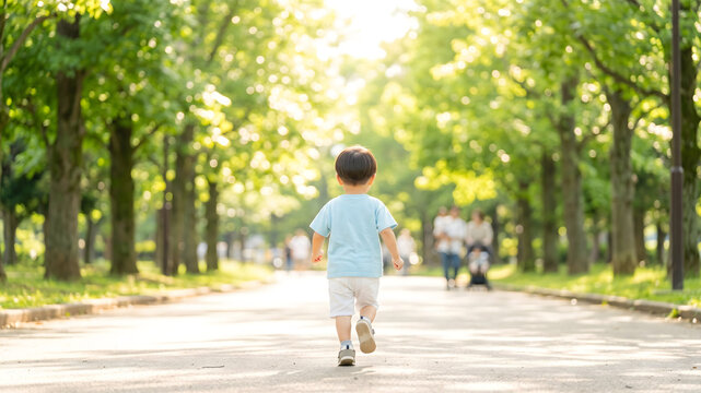 木漏れ日が差し込む緑豊かな公園の並木道を一人で歩く小さな男の子の後ろ姿