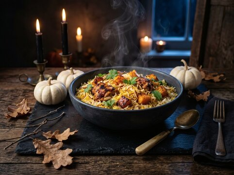 Steaming bowl of delicious biryani rice served with roasted pumpkin pieces in rustic dining setting decorated with white pumpkins and glowing candlelight on dark slate board