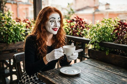 Mime woman with white face paint drinking coffee, redhead street performer in outdoor cafe, theatrical pantomime artist in white gloves