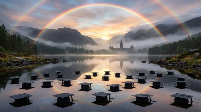 Serene morning lake reflecting graduation mortarboards floating on calm water surface with distant castle silhouette emerging from mist under bright double rainbow during tranquil sunrise transition.