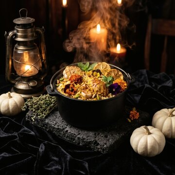Steaming traditional chicken biryani served in cast iron pot decorated with edible flowers and citrus on dark stone board with vintage lantern and white pumpkins in atmospheric candlelit interior.