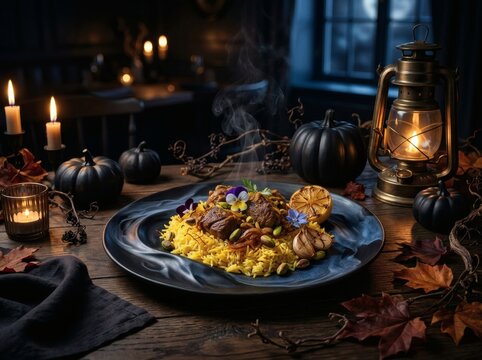 Traditional middle eastern style yellow saffron rice dish served with tender lamb meat and garnished with fresh flower petals and grilled lemon halves on dark rustic table with lantern and pumpkins.