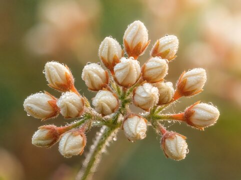 Vibrant cluster of delicate white flower buds, each adorned with glistening water droplets, illuminated by soft morning light, on a slender stem bokeh background.