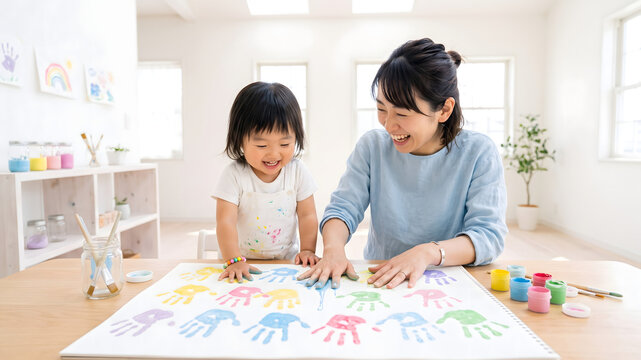 明るく広い室内で母親と一緒にカラフルな手形スタンプを楽しむ女の子