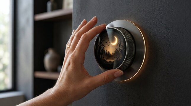Woman's hand adjusts modern smart thermostat on dark wall displaying a crescent moon over a silhouetted forest, with warm backlighting, enhancing the room's ambiance and energy efficiency.