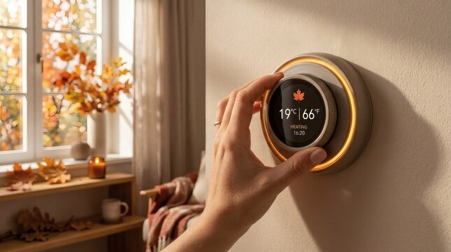 Woman's hand adjusts modern smart thermostat on light brown wall, displaying autumn leaf and temperature, with warm backlighting, enhancing cozy fall decor in background room with window.
