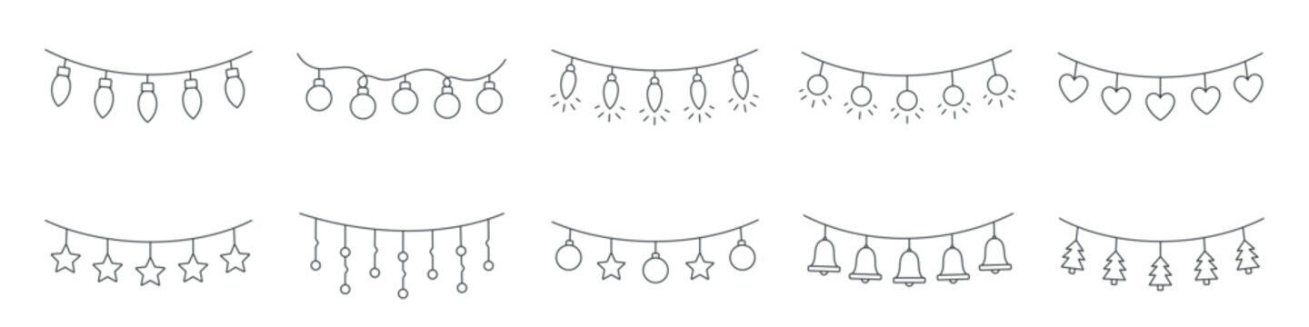Christmas Garlands Icon Set, Editable Line.