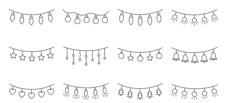 Christmas Garlands Icon Set, Editable Line.