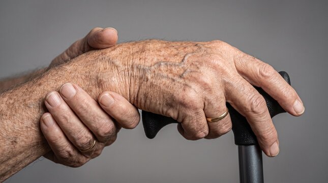 Wrinkled hands of elderly man holding walking stick, senior person with arthritis pain gripping cane, geriatric healthcare and mobility concept
