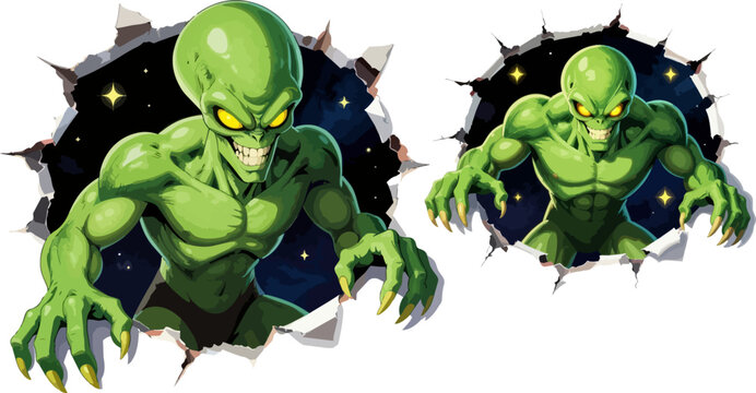 Muscular green alien monster breaking through wall, extraterrestrial creature with glowing yellow eyes, sci-fi horror character vector illustration