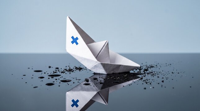 Minimalist white origami paper boat with blue cross symbol, sinking paper ship in black oil spill, environmental pollution and maritime disaster concept