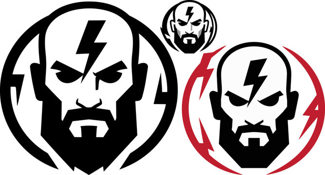 Aggressive bearded man mascot logo with lightning bolt, bald male head vector illustration, sports team emblem in black and red colors