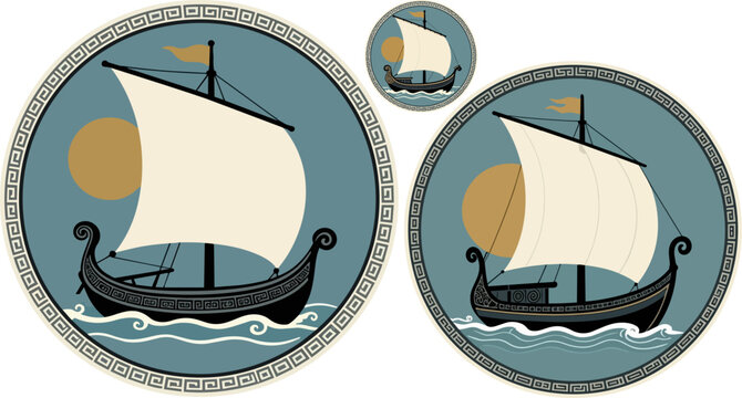 Ancient Greek galley ship vector illustration, vintage nautical vessel with white sail and sun, mythological seafaring emblem in circular frame
