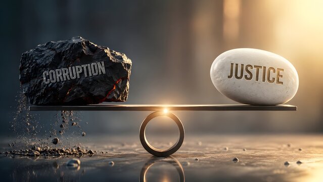 Justice and corruption moral imbalance concept showing a heavy dark rock outweighing a white stone on a scale