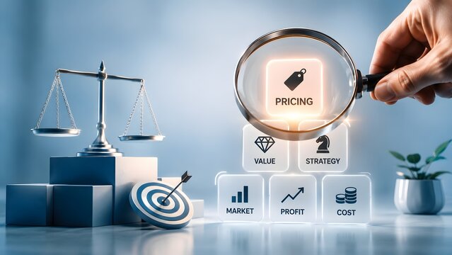 Financial analysis and pricing strategy research concept showing a hand holding magnifying glass over business icons