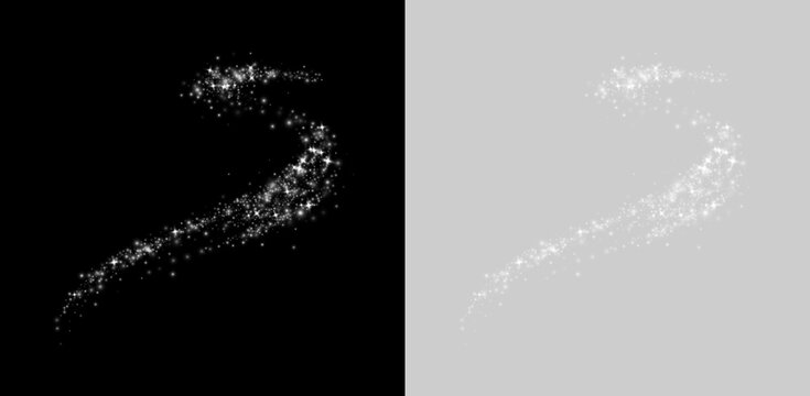 Transparent png of bright white dust sparkles with radiant light and glowing magical sparkle effect in abstract flow. Perfect elegant design element overlay for backgrounds and banners festive motion