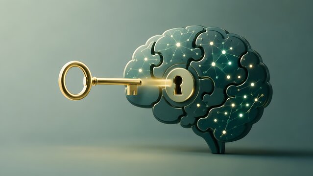 Unlocking human mind potential and cognitive psychology concept showing a golden key entering a puzzle brain
