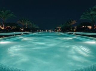 Fototapeta premium Luxurious infinity pool at night with palm trees and ambient lighting