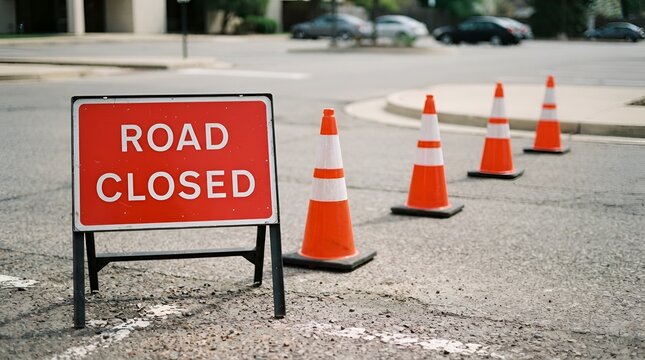 A red road closed sign standing on an asphalt road with a line of orange traffic cones, indicating construction or restricted access area