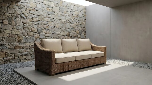 A durable outdoor sofa with beige fabric cushions placed elegantly against a rustic stone wall in a minimalist modern patio setting with gravel ground
