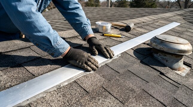A roofer wearing work gloves installing a metal flashing strip along the shingles of a residential house roof near a metal ventilation chimney
