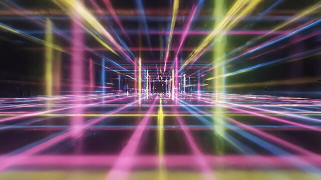 Neon Grid Tunnel Abstract Background - A dynamic 3D tunnel formed by intersecting neon light grids in vibrant colors like pink, yellow, and blue.
