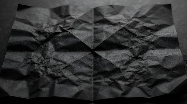 A single sheet of black paper with sharp geometric creases and folds, creating a textured surface with deep shadows and highlights throughout