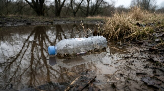 A clear plastic water bottle floating in a muddy puddle on a dirt path surrounded by dead grass and trees in a gloomy outdoor environment