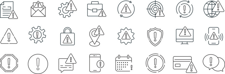 Fototapeta premium Warning alert and exclamation mark line icon set. System error sign and danger caution symbol collection. Security threat notification vector illustration for web and mobile.