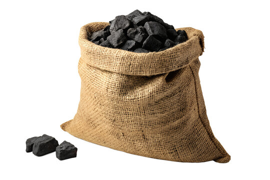 Sack of Black Raw Coal Chunks Isolated on White Background