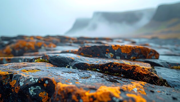 Misty rocky coastline with orange lichen.