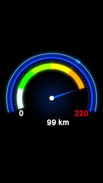Illuminated speedometer gauge glows Speedometer gauge shows speed This speedometer gauge displaying 59 kilometers per hour with blue glow offers high tech automotive visuals now