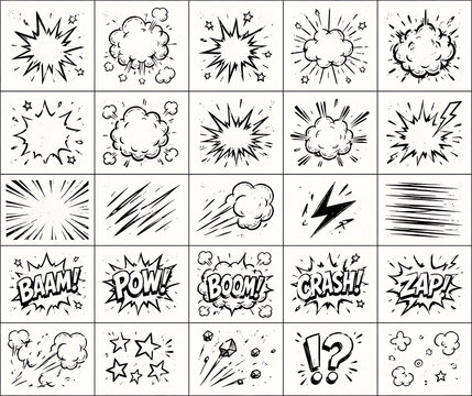 Hand Drawn Comic Book Effects Pack with Explosion Bursts, Speed Lines, Smoke Clouds, Action Symbols and Pop Art Sound Effects Set