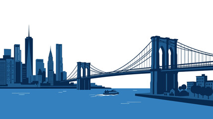 Fototapeta premium New York City skyline with Brooklyn Bridge over the river, iconic landmark illustration