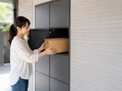 Woman Retrieving Package from Delivery Locker with Smile