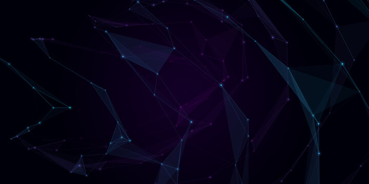 Abstract dark purple and cyan low poly plexus network with glowing connected nodes