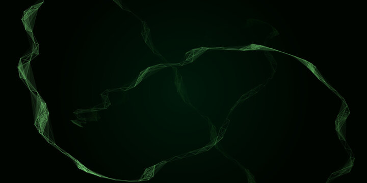 Abstract luminous green low poly wireframe wave flowing on dark background