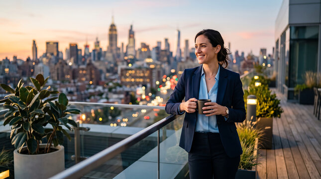 Confident Businesswoman Holding Coffee on Rooftop Terrace with City Skyline at Sunset