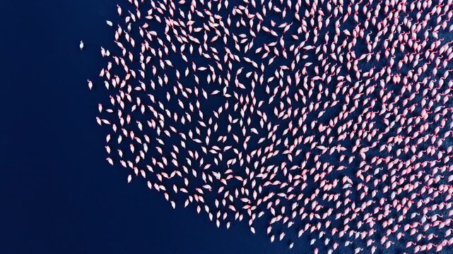 Top down view of flamingos walking in formation, Bulgaria. Aerial angle reveals birds spreading across navy colored water.