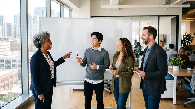 Diverse Business Team Collaborating Around Whiteboard in Modern Office Meeting