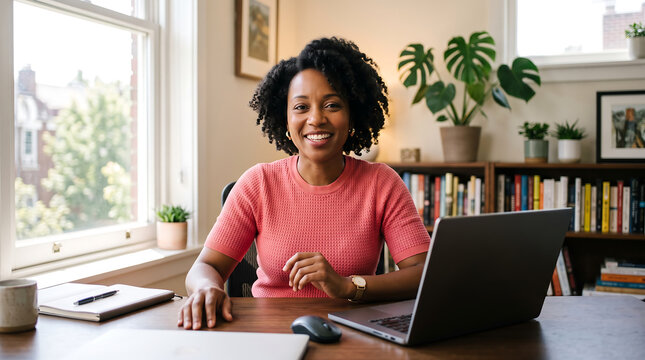 Smiling Woman Working from Home on Laptop During Video Call