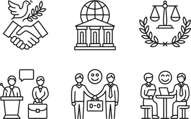 Professional business and legal cooperation icons set on transparent background