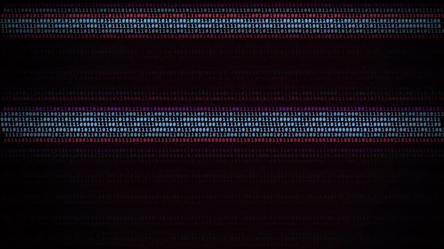 Binary code scrolling across dark digital screen with horizontal glitch motion blur, horizontal movement, front view, dark background