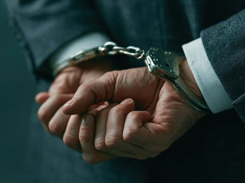 Man in suit with hands cuffed behind his back, symbolizing arrest and justice