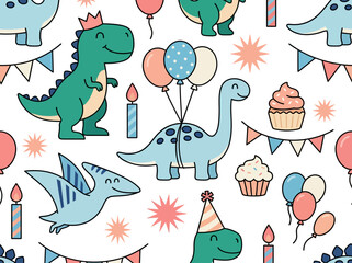 Cute dinosaur birthday seamless pattern with balloons, cupcakes, and party decorations for kids. © Nia