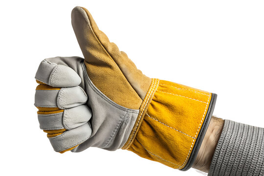 Hand in Yellow and Gray Leather Construction Work Glove Giving Thumbs Up Gesture Isolated on White Background