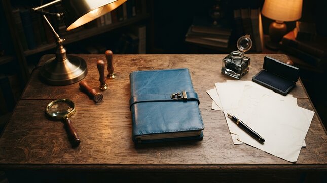 Antique desk setup with a blue leather journal, magnifying glass, inkwell, and blank papers under a warm lamp in a dark study environment